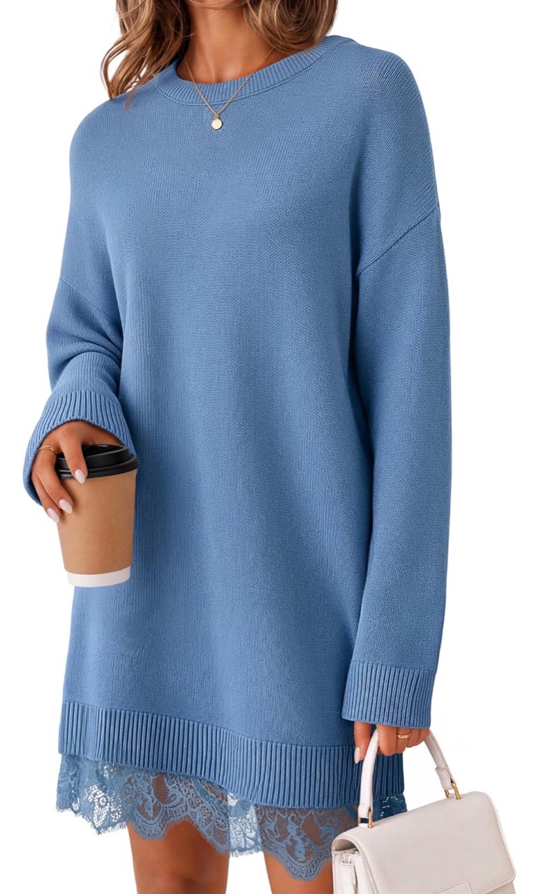 Amazon product image for Relaxed Sweater Shift Mini with Lace Hem